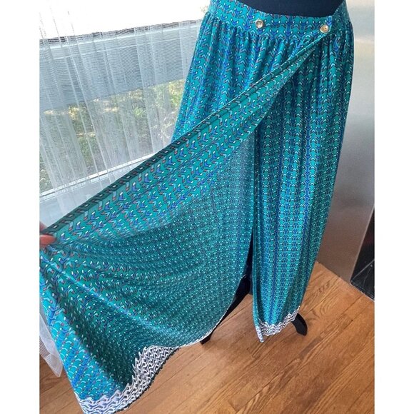 Vintage 80s wrap skirt, teal and blue, maxi, ankle length, Oleg Cassini, 2/4 - Picture 6 of 8